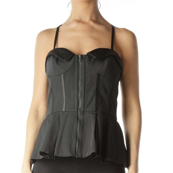 Silkroll Tops - SilkRoll Black Sweetheart Neckline Zipper Detail Top
